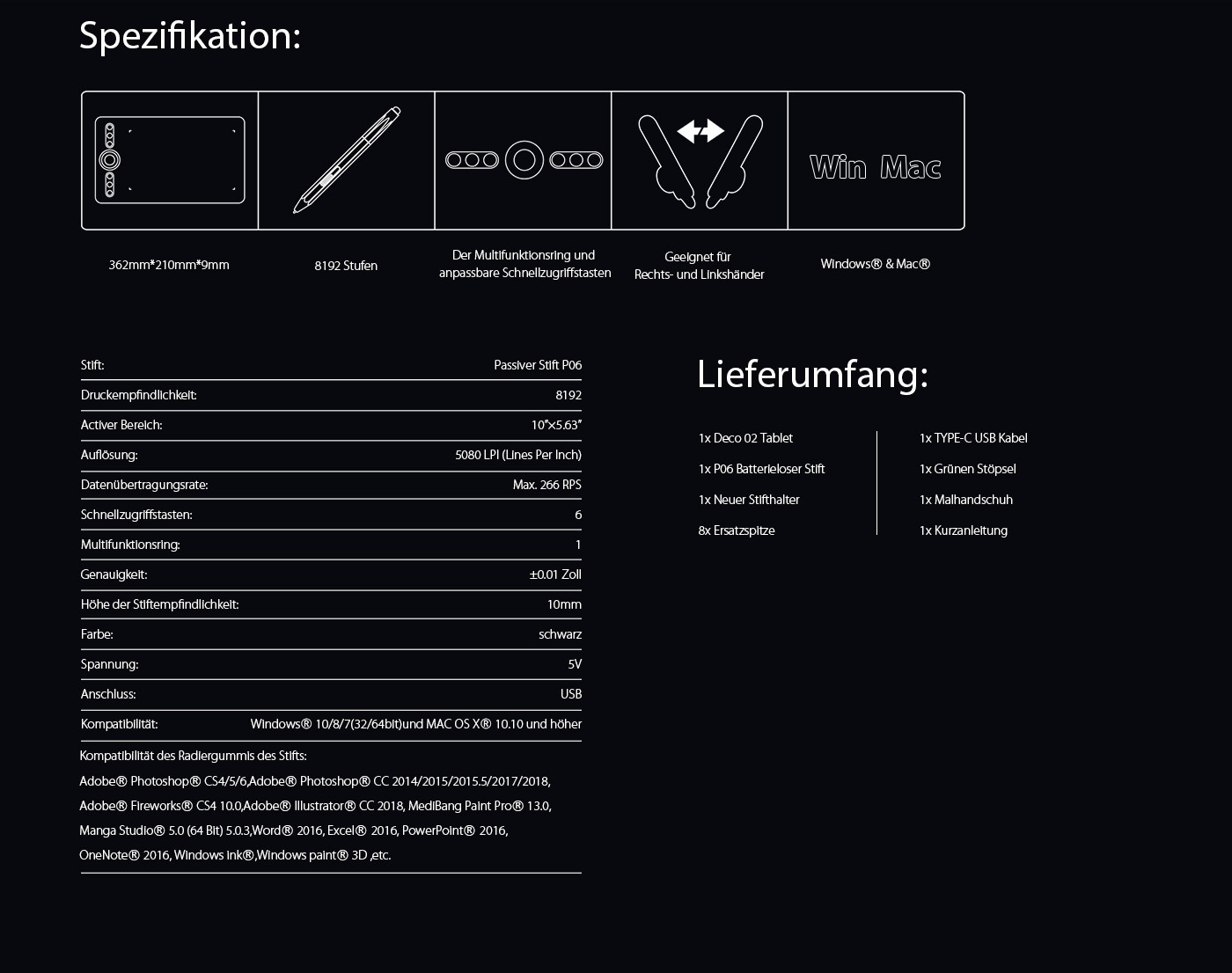 XP-PEN Deco 02 Grafiktablett:spezifikationen
